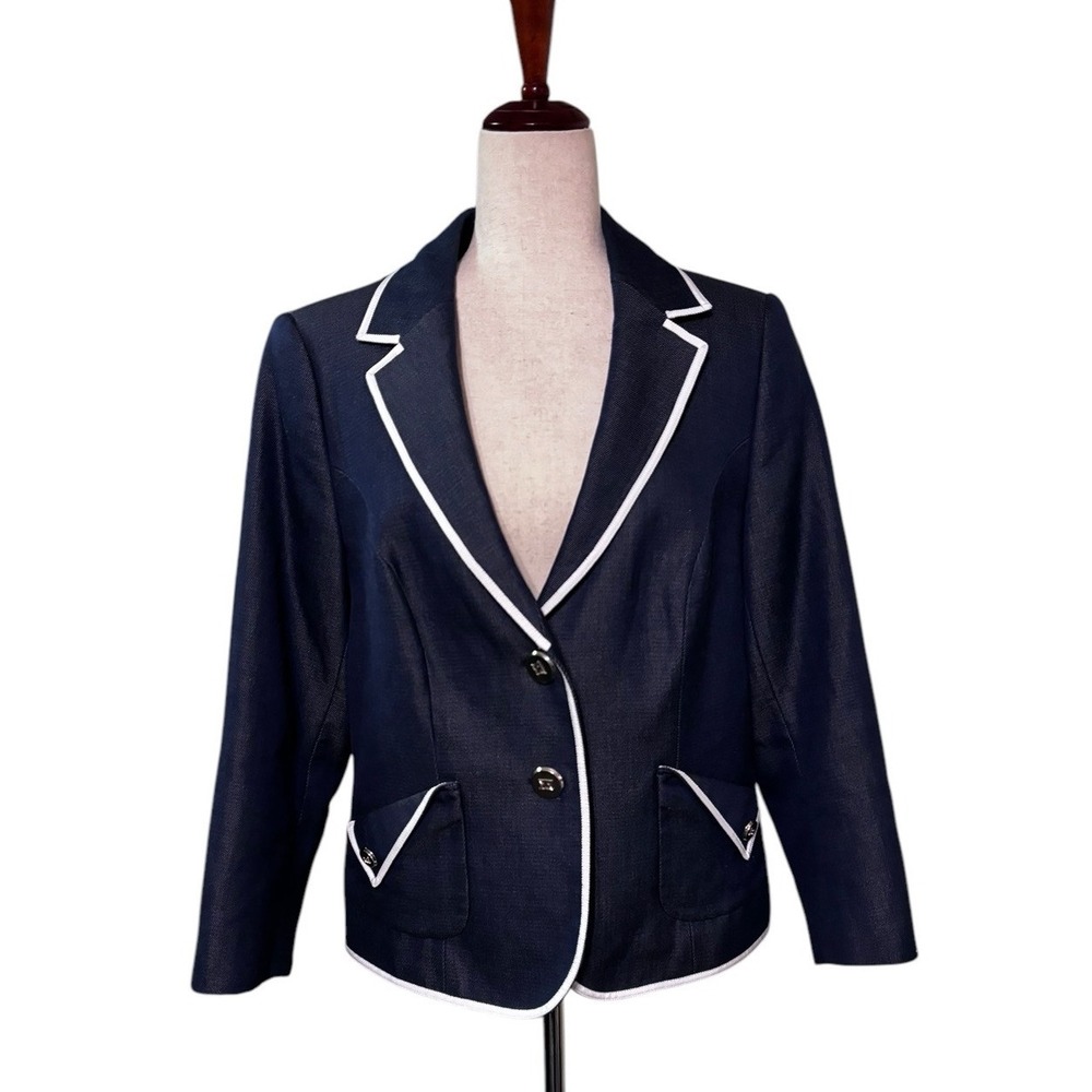 Escada Blue Denim Jacket White Trim Cotton Silk Monogrammed Buttons SZ 42 US 12